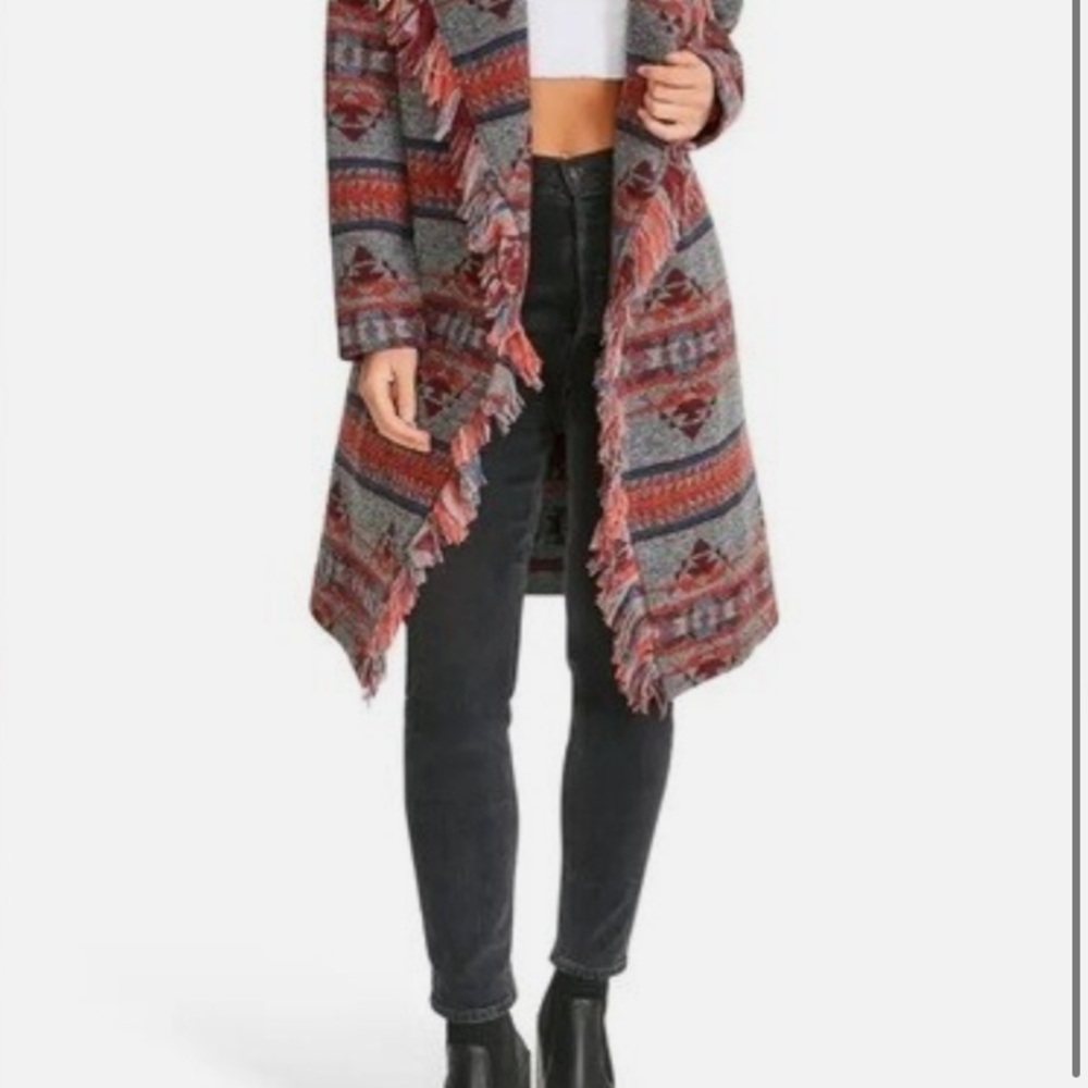 BB Dakota Fringed Aztec Cardigan Sweater - Red & Gray